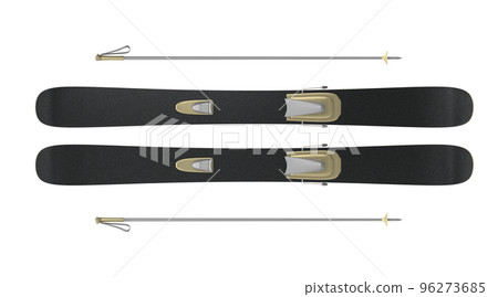 Black alpine skiing with gold bindings and poles 3d render. Sports equipment for extreme winter outdoor. Mockup plastic downhill, carving or freeride skis isolated on white background 96273685