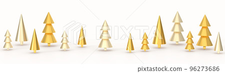 Christmas golden trees 3d render. Abstract geometric xmas forest in metal cone shapes. New Year decorations, gold lush pine and fir, holiday design elements on white background Christmas golden trees 3d render. Abstract geometric xmas forest in metal cone shapes. New Year decorations, gold lush pine and fir, holiday design elements on white background 96273686