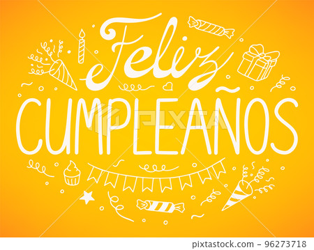 Happy Birthday lettering on Spanish with doodles. Happy Birthday lettering on Spanish with doodles. 96273718