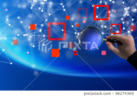 Hacker with magnifier lens try to read illegally protected information. blue background 96274369