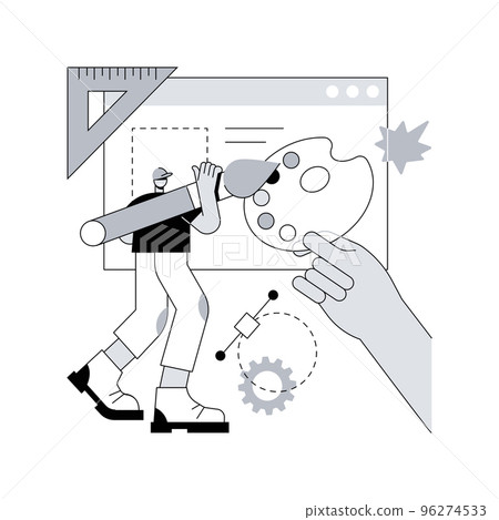 UI and UX design abstract concept vector illustration. Mobile app UI design, website UX, user interface, interaction experience, web development, menu bar, studio portfolio page abstract metaphor. 96274533