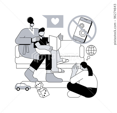Low tech parenting abstract concept vector illustration. Low tech school, tech-free kids, media limitation, unplugger, gadget-free parenting, anti technology, no screen time abstract metaphor. 96274643