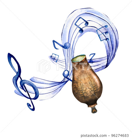 Treble clef, musical notes and drum watercolor illustration on white. 96274683