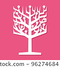 Flowering cute tree without leaves. Abstract square crown, branches, flowers, trunk on a stand. Theme of spring, awakening of nature. Template for plotter laser cutting of paper, metal, wood, plywood. 96274684