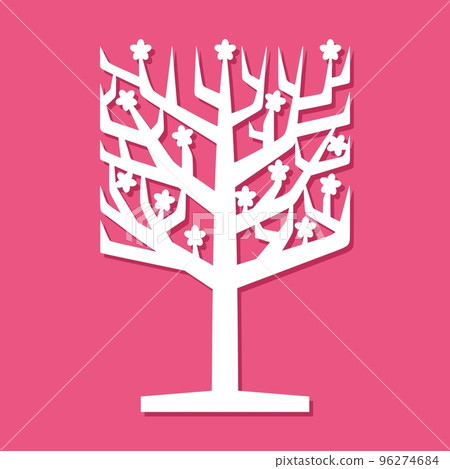 Flowering cute tree without leaves. Abstract square crown, branches, flowers, trunk on a stand. Theme of spring, awakening of nature. Template for plotter laser cutting of paper, metal, wood, plywood. Flowering cute tree without leaves. Abstract square crown, branches, flowers, trunk on a stand. Theme of spring, awakening of nature. Template for plotter laser cutting of paper, metal, wood, plywood. 96274684