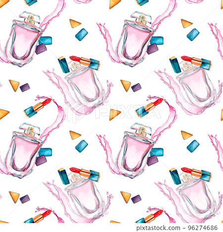 Perfume bottle with splash, rouge watercolor seamless pattern isolated on white. Perfume bottle with splash, rouge watercolor seamless pattern isolated on white. 96274686