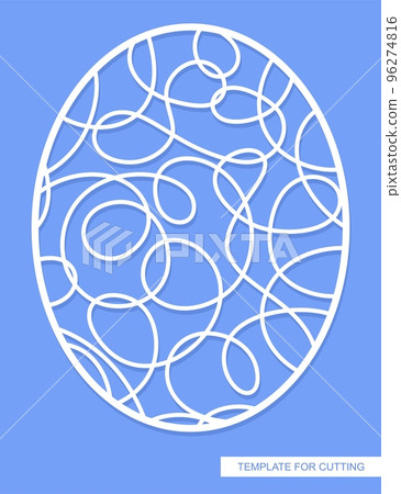 Oval panel with pattern of chaotic lines. Abstract geometric ornament from loops, waves, swirls. Template for plotter laser cutting of paper, metal engraving, wood carving, cnc. Vector illustration. 96274816
