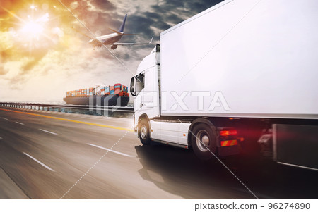 Shipment of goods by sea, by land and by air with cargo ship, truck and airplane at sunset 96274890