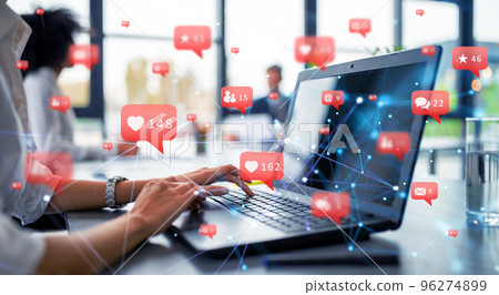 Businesswoman at home works with social networks Businesswoman at home works with social networks 96274899