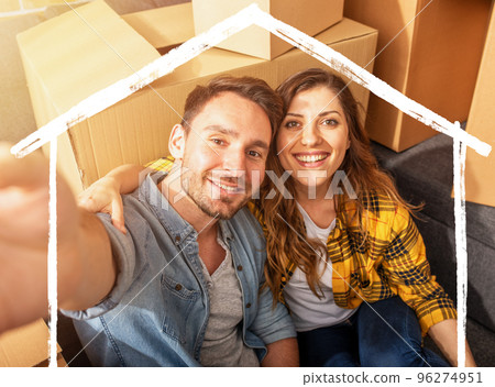 Happy couple have to move and arrange all the packages. Concept of success, change, positivity and future 96274951