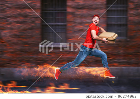 Courier runs fast to deliver quickly pizzas with fiery feet. Cyan background 96274962