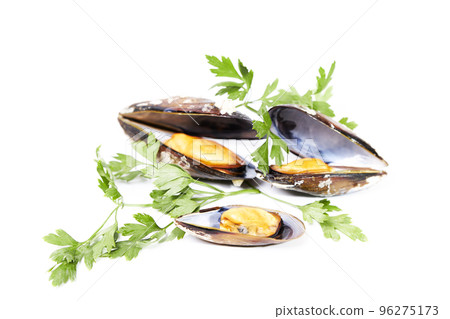 Steamed mussels with parsley on a white background. Healthy food Steamed mussels with parsley on a white background. Healthy food 96275173