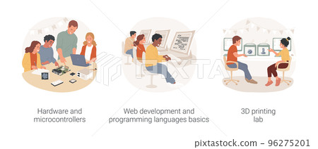 Computer science in high school isolated cartoon vector illustration set. Hardware and microcontroller, web development lesson, programming languages basics, 3d printing lab vector cartoon. 96275201