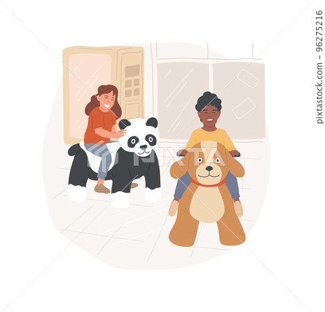 Animal rides isolated cartoon vector illustration. Mall animal rides, indoor entertainment, shopping with kids, having fun, child zoo riding, sitting on a big toy, plush scooter vector cartoon. 96275216