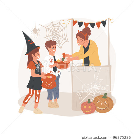 Trick or treating isolated cartoon vector illustration. Trick-or-Treat bag, map of mall stores and candy stations, Halloween tradition, collecting sweets, children in costumes vector cartoon. 96275226