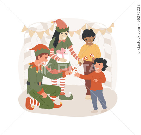 Christmas candy isolated cartoon vector illustration. Elves give Christmas candy cane to children, shopping mall decoration, winter holiday, red and white sweets, happy children vector cartoon. 96275228