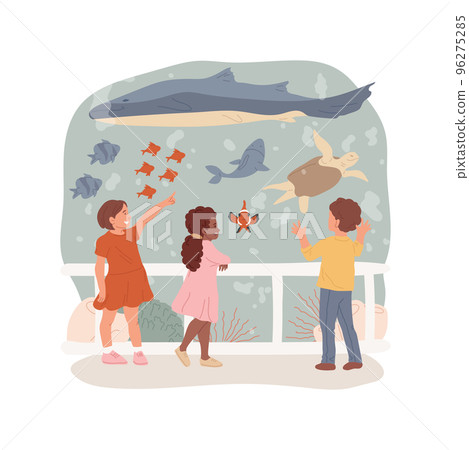 Aquarium trip isolated cartoon vector illustration. Children observe fish through glass, aquarium field trip, ocean wildlife experience, aquatic life, oceanarium school tour vector cartoon. 96275285