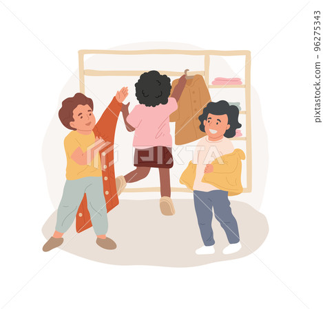 Getting dressed isolated cartoon vector illustration. Preschool education, montessori method, toddler putting coat on, child taking off jacket, hanging up clothes, kindergarten vector cartoon. 96275343