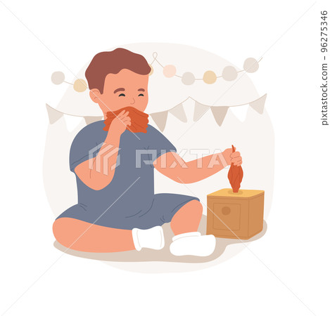 Use of tissue isolated cartoon vector illustration. Montessori preschool, tissue box toy, child using napkin, preschooler helps himself, cleaning face, exercise, practical life vector cartoon. Use of tissue isolated cartoon vector illustration. Montessori preschool, tissue box toy, child using napkin, preschooler helps himself, cleaning face, exercise, practical life vector cartoon. 96275346