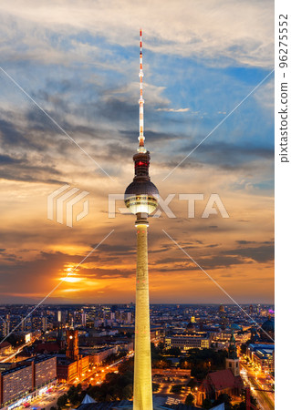 Aerial skyline panorama of Berlin city enlighted at night, Germany Aerial skyline panorama of Berlin city enlighted at night, Germany 96275552