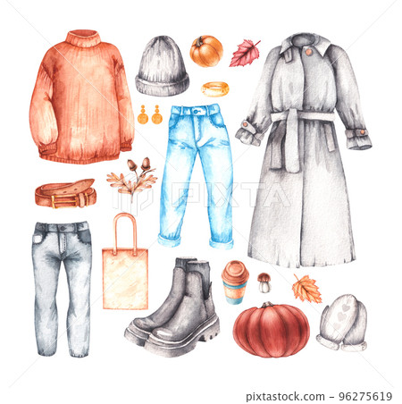 Watercolor warm cozy set with clothes and autumn plants on a white background 96275619
