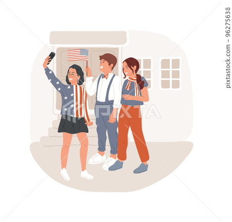 Patriot Day isolated cartoon vector illustration. Students dress up in national colors, awareness day, american patriotic style, raising hands, outfit, school spirit week vector cartoon. 96275638