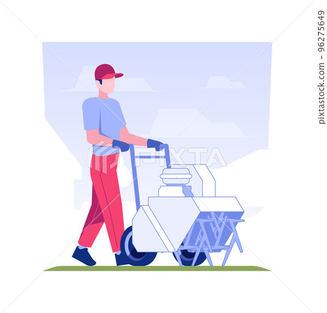 Lawn aeration isolated concept vector illustration. Man using lawn aerator, grass ventilation, garden maintenance, exterior works, meadow care, landscaping industry vector concept. 96275649