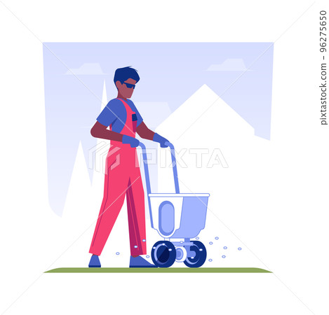 Lawn fertilization isolated concept vector illustration. Gardener in uniform deals with lawn fertilization using special equipment, exterior works, meadow maintenance vector concept. 96275650