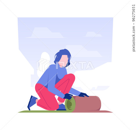 Laying turf isolated concept vector illustration. Uniform dressed gardener laying turf, exterior works, lawn maintenance, meadow unroll, landscaping process, grass installation vector concept. 96275651