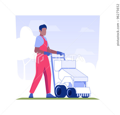 Lawn seeding isolated concept vector illustration. Professional gardener with overseeder machine, lawn maintenance, exterior works, landscaping process, planting season vector concept. 96275652