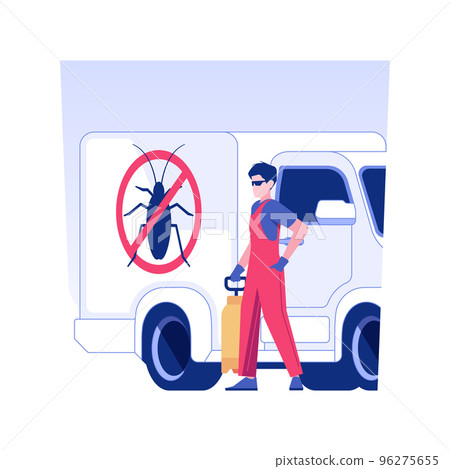 Pest control service isolated concept vector illustration. Smiling pest control service worker with sprayer near truck, private house maintenance, mold extermination vector concept. Pest control service isolated concept vector illustration. Smiling pest control service worker with sprayer near truck, private house maintenance, mold extermination vector concept. 96275655