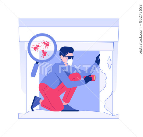 Termite inspection isolated concept vector illustration. Termite inspector looking for WDO in new home, protection from wood-destroying organism, private house control vector concept. Termite inspection isolated concept vector illustration. Termite inspector looking for WDO in new home, protection from wood-destroying organism, private house control vector concept. 96275658