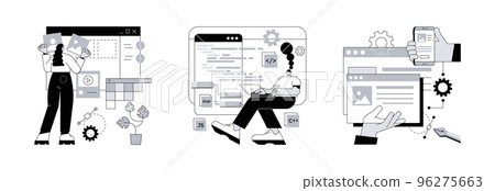 Web development agency abstract concept vector illustration set. Front and back end development, responsive web design, website interface, coding and programming, user experience abstract metaphor. 96275663