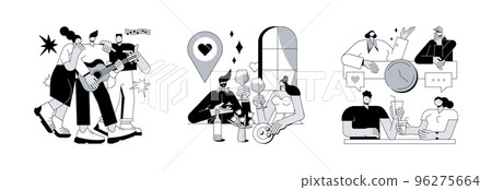 Hangouts abstract concept vector illustration set. Friends meeting, romantic blind date, leisure time, soul mate, romantic relationship, love story, Valentine day, restaurant abstract metaphor. Hangouts abstract concept vector illustration set. Friends meeting, romantic blind date, leisure time, soul mate, romantic relationship, love story, Valentine day, restaurant abstract metaphor. 96275664