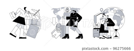 Homeland abstract concept vector illustration set. Emigration, repatriation grant, return migration, foreign residence, resident country, moving abroad, flying home, job offer abstract metaphor. 96275666