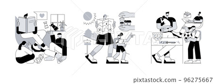 Parenthood abstract concept vector illustration set. Modern dads, fatherhood care, stay-at-home dads, happy kid family, fathers day, breadwinner mom, parental leave, domestic work abstract metaphor. 96275667
