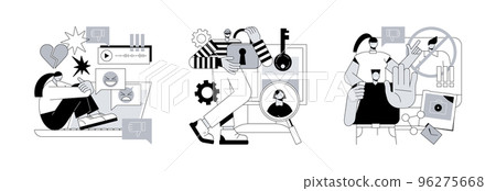 Internet harassment abstract concept vector illustration set. Cyberbullying and doxing, cancel culture, private content, celebrity shaming, hacker attack, social media boycott abstract metaphor. 96275668