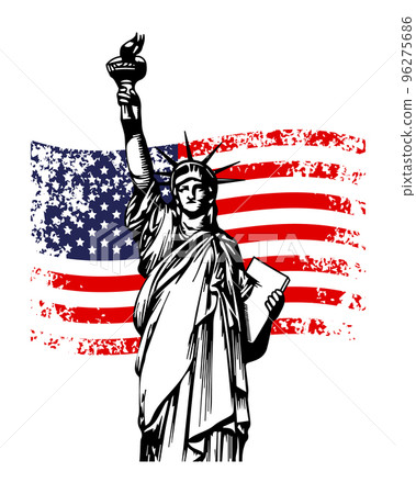 Statue of Liberty with USA flag with grunge texture. Retro poster, vector 96275686