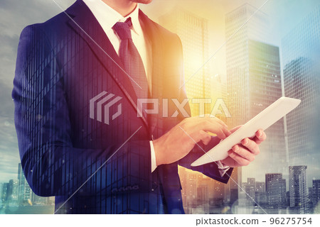 Businessman shares document with tablet. Internet concept Businessman shares document with tablet. Internet concept 96275754