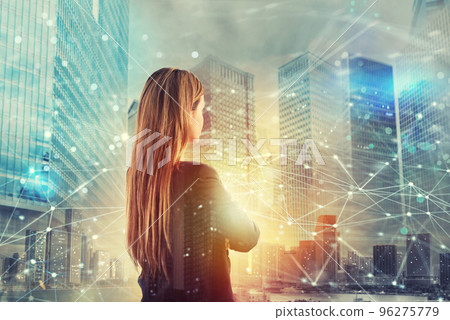 Businesswoman looks far for the future with internet network effect 96275779