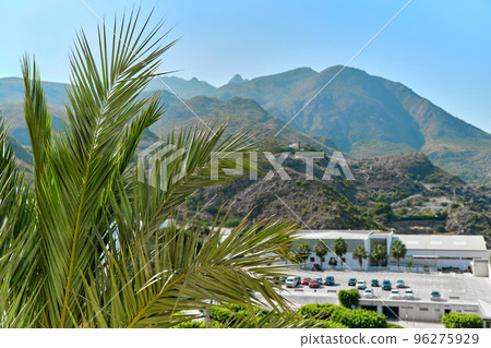 Car park of Mojacar village, green palm tree leaves on foreground 96275929