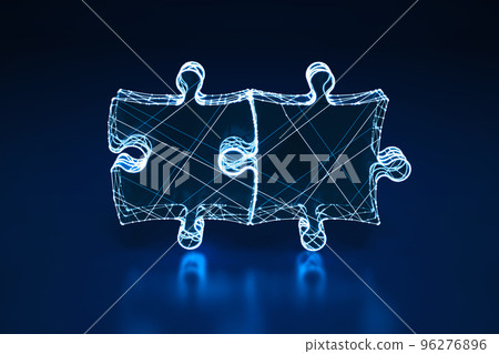 Illuminated wireframe of two connected puzzle pieces on dark blue background. 3D Rendering Illuminated wireframe of two connected puzzle pieces on dark blue background. 3D Rendering 96276896