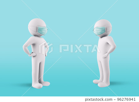 Contagion protection concept by maintaining social distancing and wearing face masks. 3D Rendering Contagion protection concept by maintaining social distancing and wearing face masks. 3D Rendering 96276941