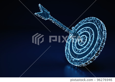 Concept of an illuminated wireframe digital arrow hit in the center a bullseye on dark blue background. 3D Rendering Concept of an illuminated wireframe digital arrow hit in the center a bullseye on dark blue background. 3D Rendering 96276946