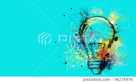 Big stylized light bulb on cyan background drawn with splashes of colored paint. Concept of innovation and creativity Big stylized light bulb on cyan background drawn with splashes of colored paint. Concept of innovation and creativity 96276976