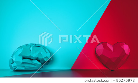 Comparison between reason and feeling. Faceted brain and heart on a two tone background. 3D Rendering 96276978