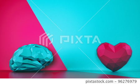 Comparison between reason and feeling. Faceted brain and heart on a two tone background. 3D Rendering Comparison between reason and feeling. Faceted brain and heart on a two tone background. 3D Rendering 96276979