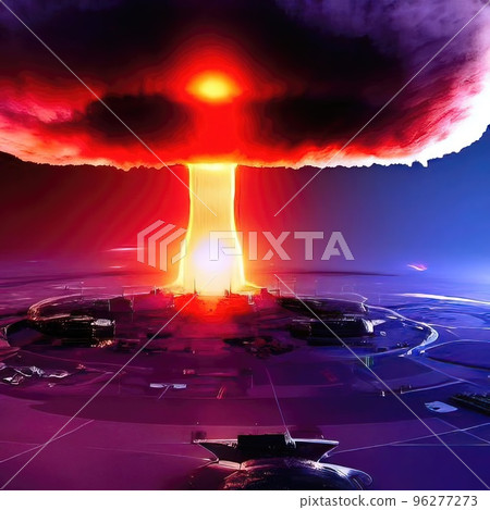 Explosion of a nuclear bomb over a big city, metropolis - a mushroom cloud. Nuclear war in the world. 96277273
