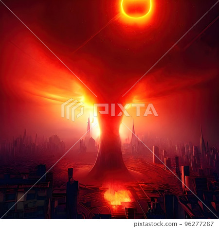 Explosion of a nuclear bomb over a big city, metropolis - a mushroom cloud. Nuclear war in the world. 96277287