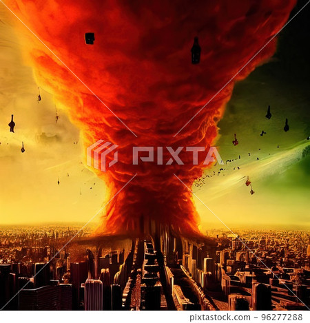 Explosion of a nuclear bomb over a big city, metropolis - a mushroom cloud. Nuclear war in the world. Explosion of a nuclear bomb over a big city, metropolis - a mushroom cloud. Nuclear war in the world. 96277288